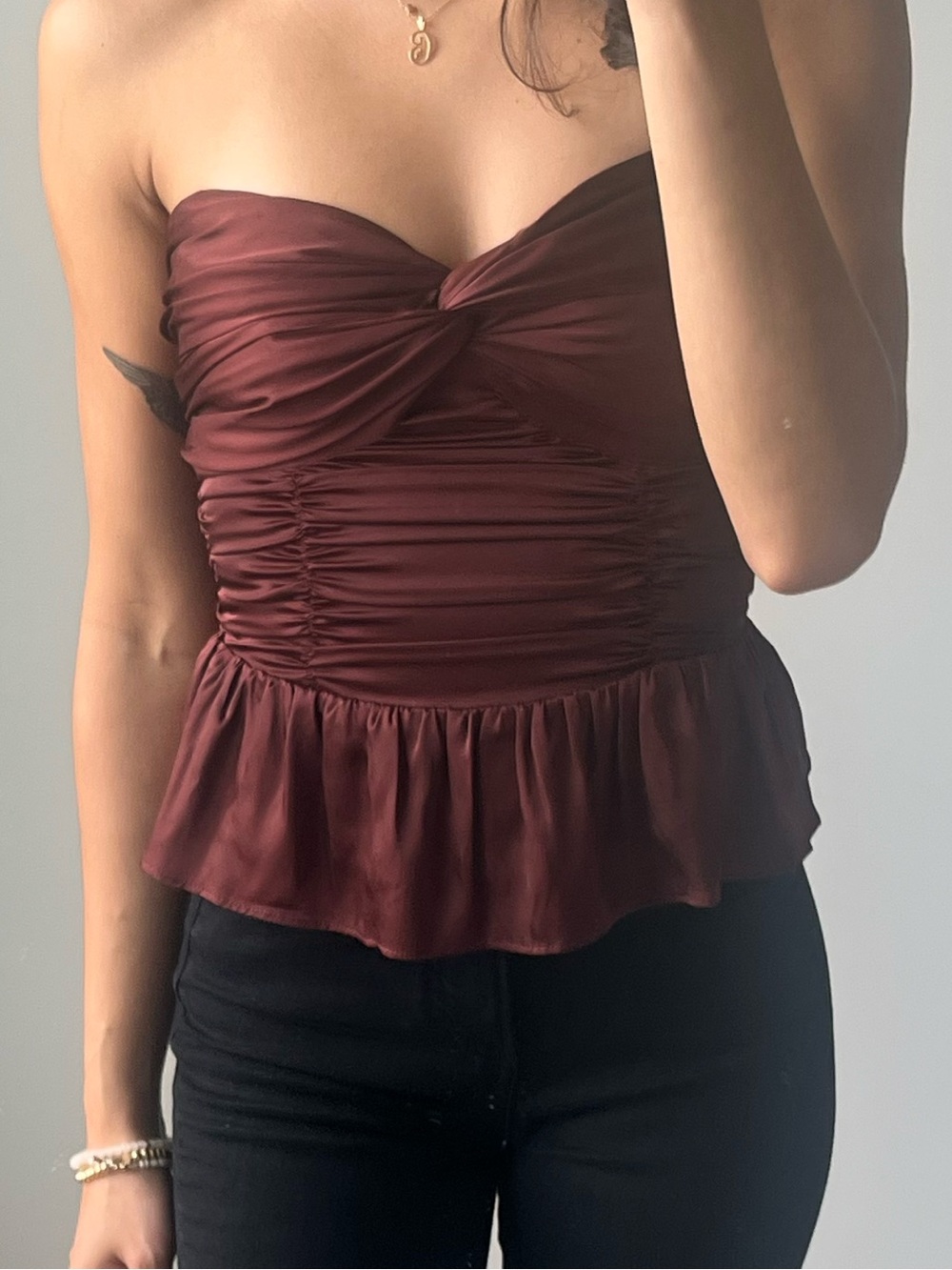 Two Express Satin Bow Peplum Tops – XS – Burgundy & Ivory